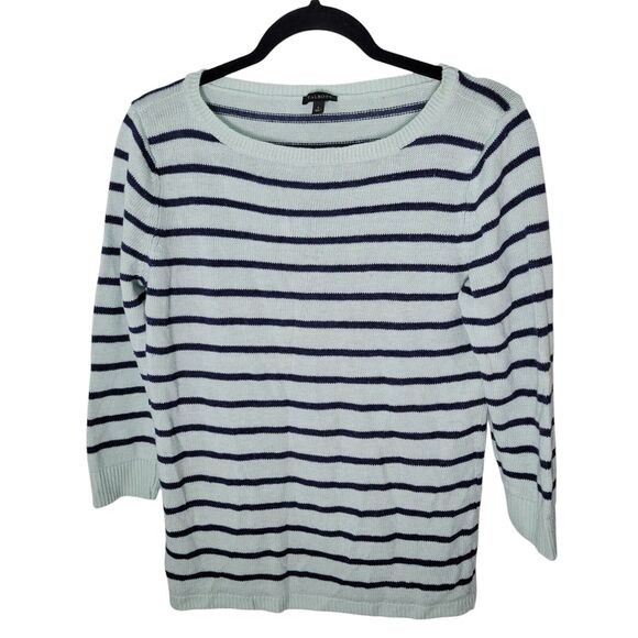 Talbots Womens Sz L Blue Gray Striped 3/4 Sleeve Knitted Sweatshirt - Picture 1 of 10